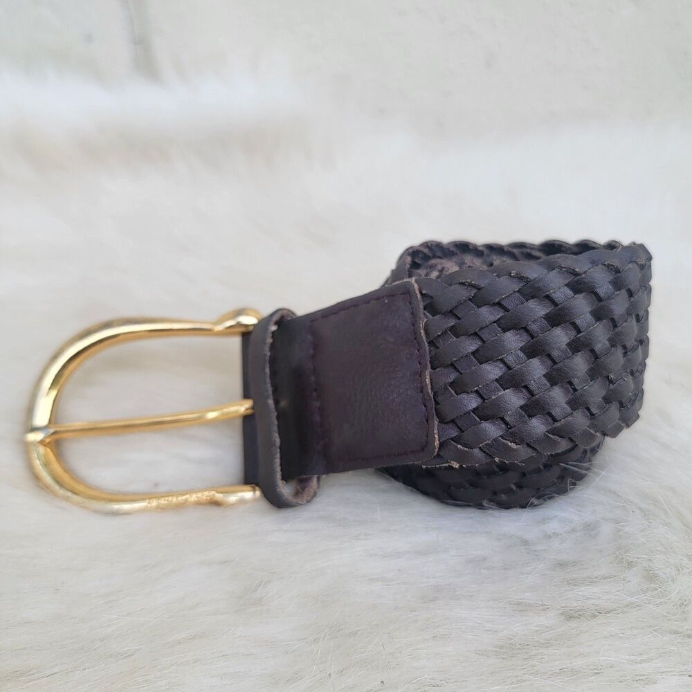 MICHAEL KORS Brown Woven Braided Leather Boho Belt Large Gold Buckle Sz L